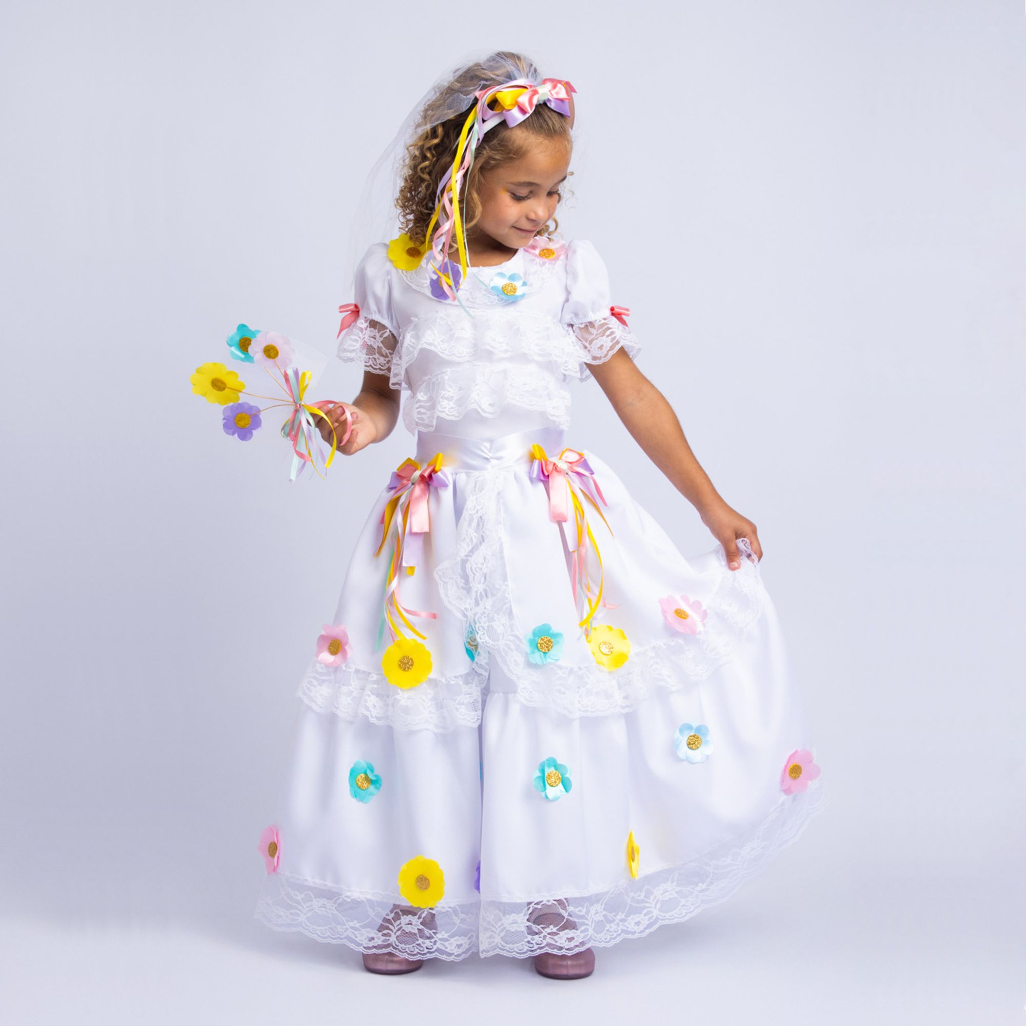 Vestido-Infantil-Junino-Noiva-Renda-e-Flores-Com-Tiara-e-Buque-