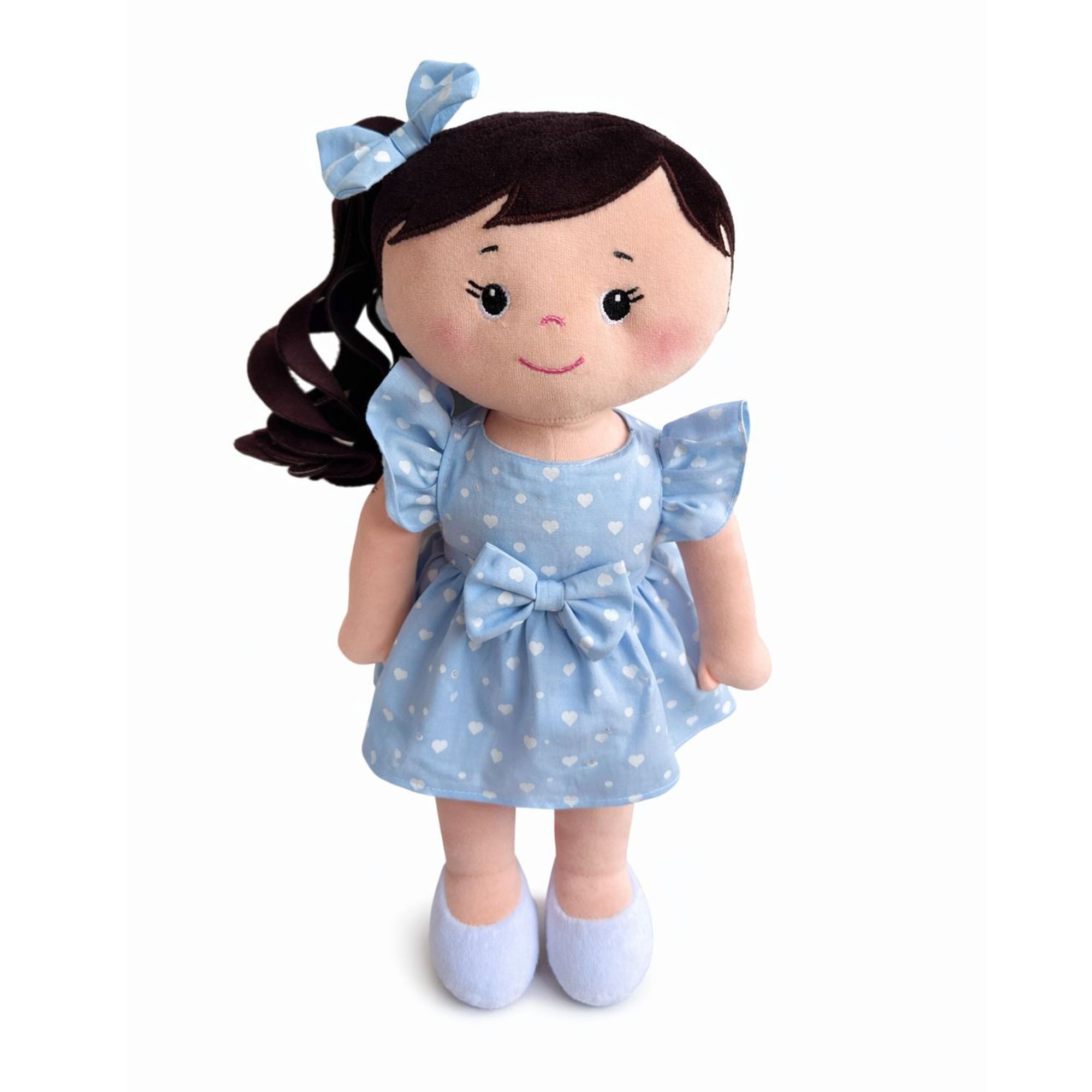 Boneca-em-Plush-Nina-Rabo-de-Cavalo-e-Vestido-Azul-Coracoes
