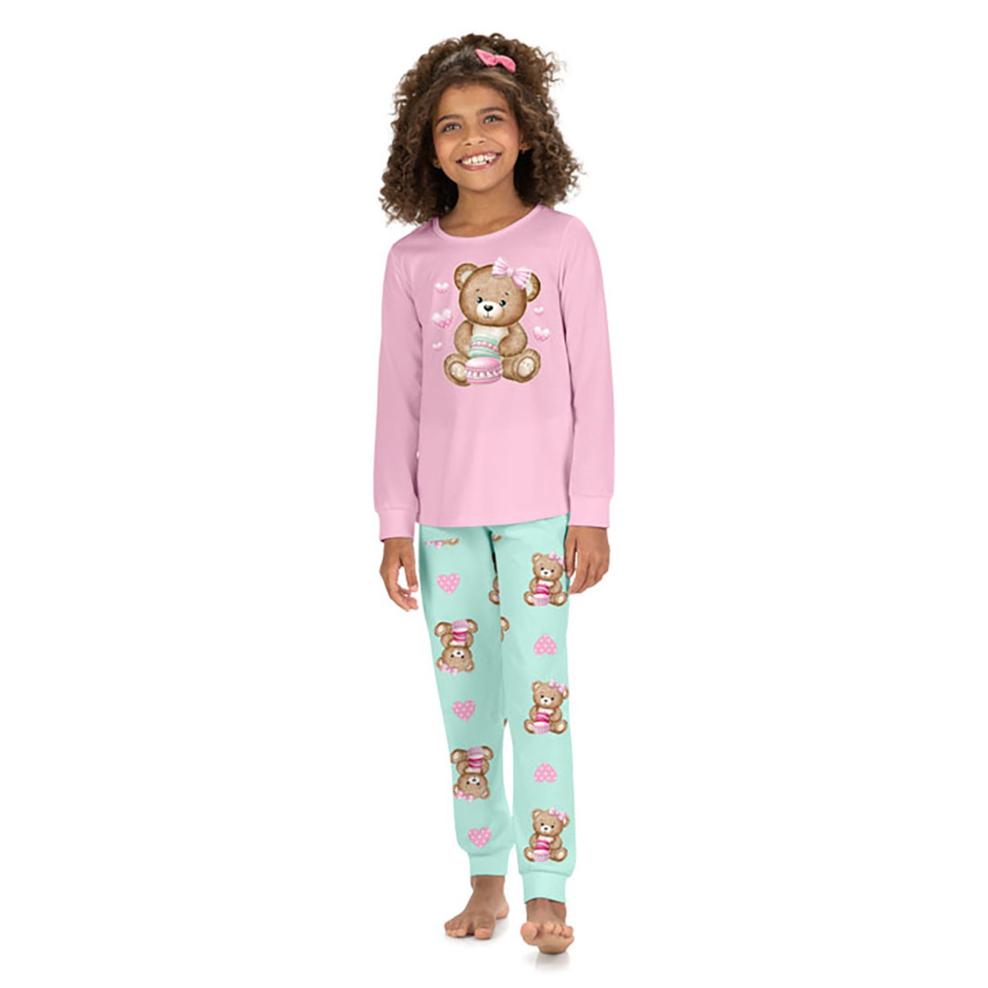 Pijama-Meninas-Longo-Malha-Ursinho-Rosa-e-Menta-Brilha-Escuro-1