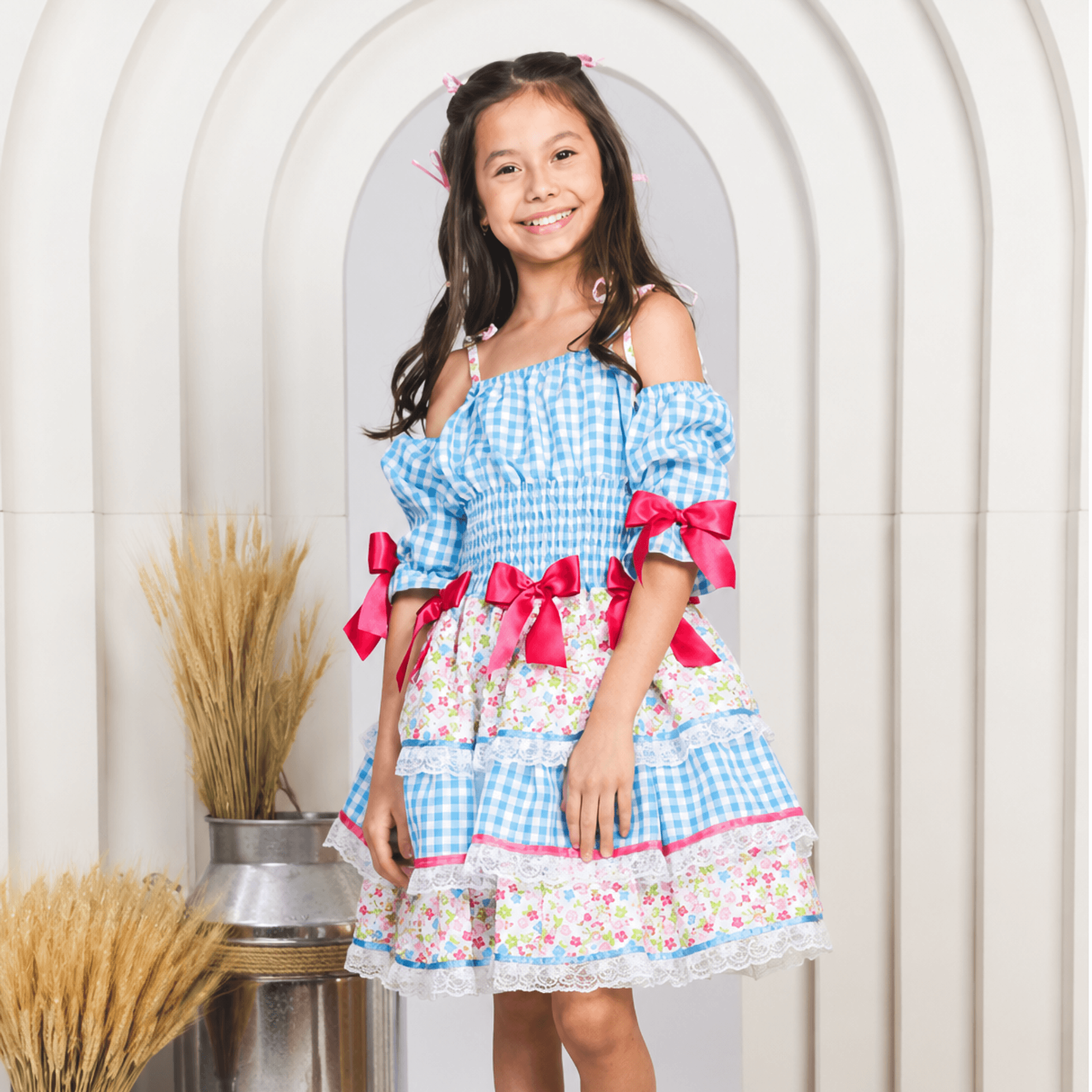 Vestido-Infantil-Junino-Xadrez-Azul-e-Lacos-Ombro-a-Ombro
