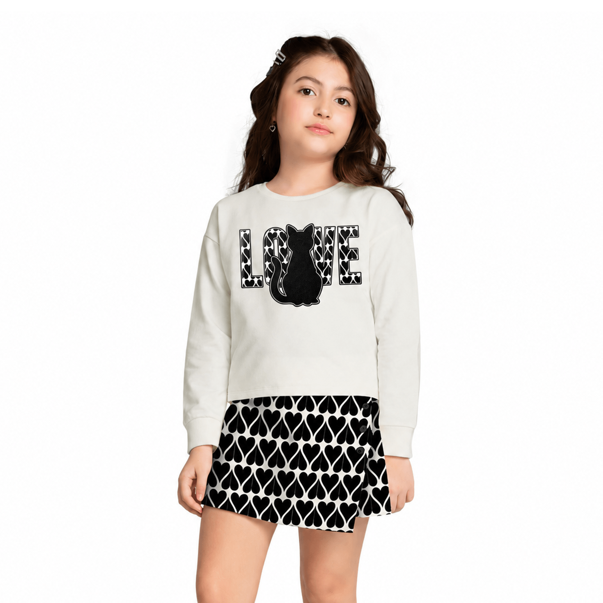 Conjunto-Meninas-Casaco-Off-White-Cat-Love-e-Short-Saia-Preto-1