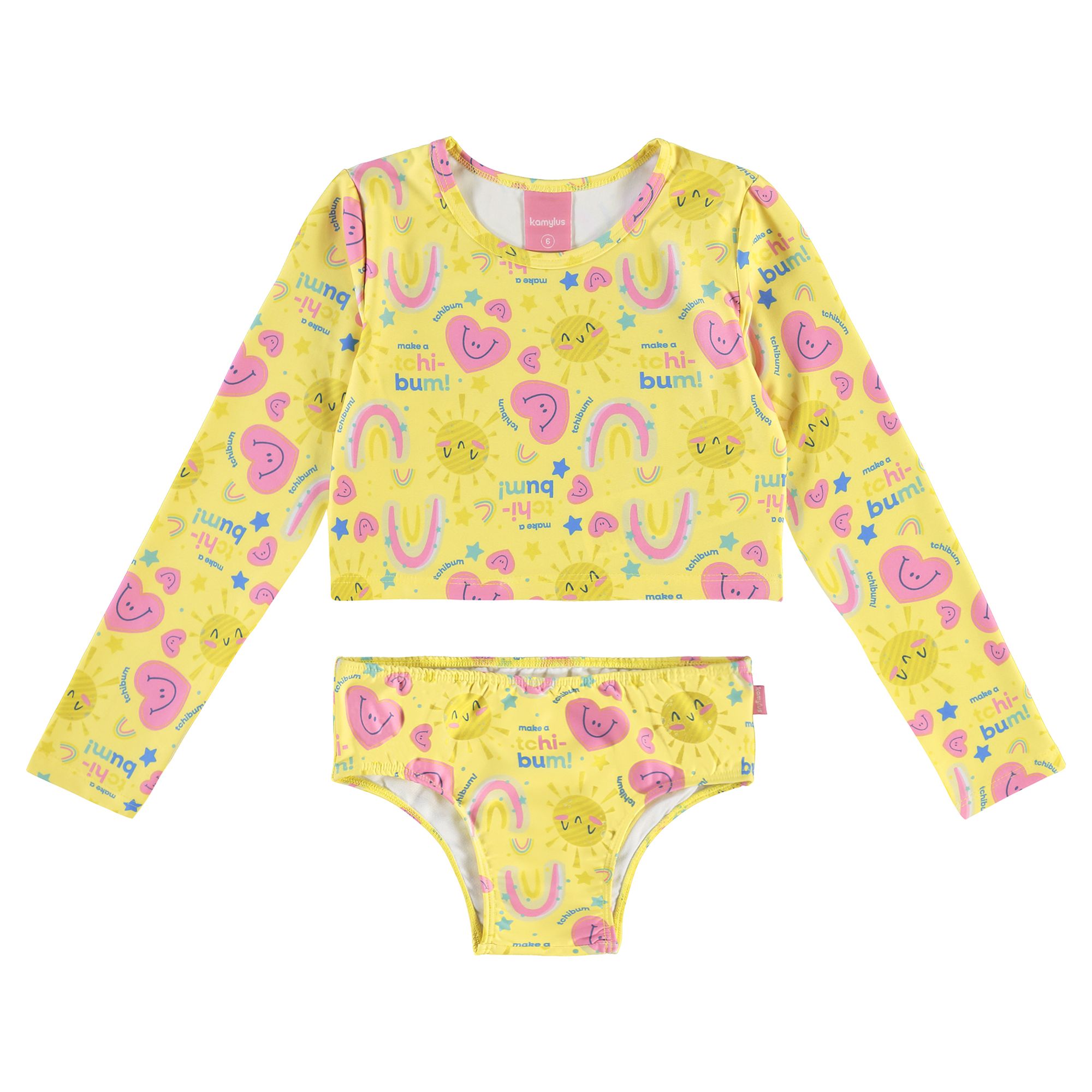Biquini-Meninas-Top-Cropped-Manga-Longa-Amarelo-Coracoes-Rosa