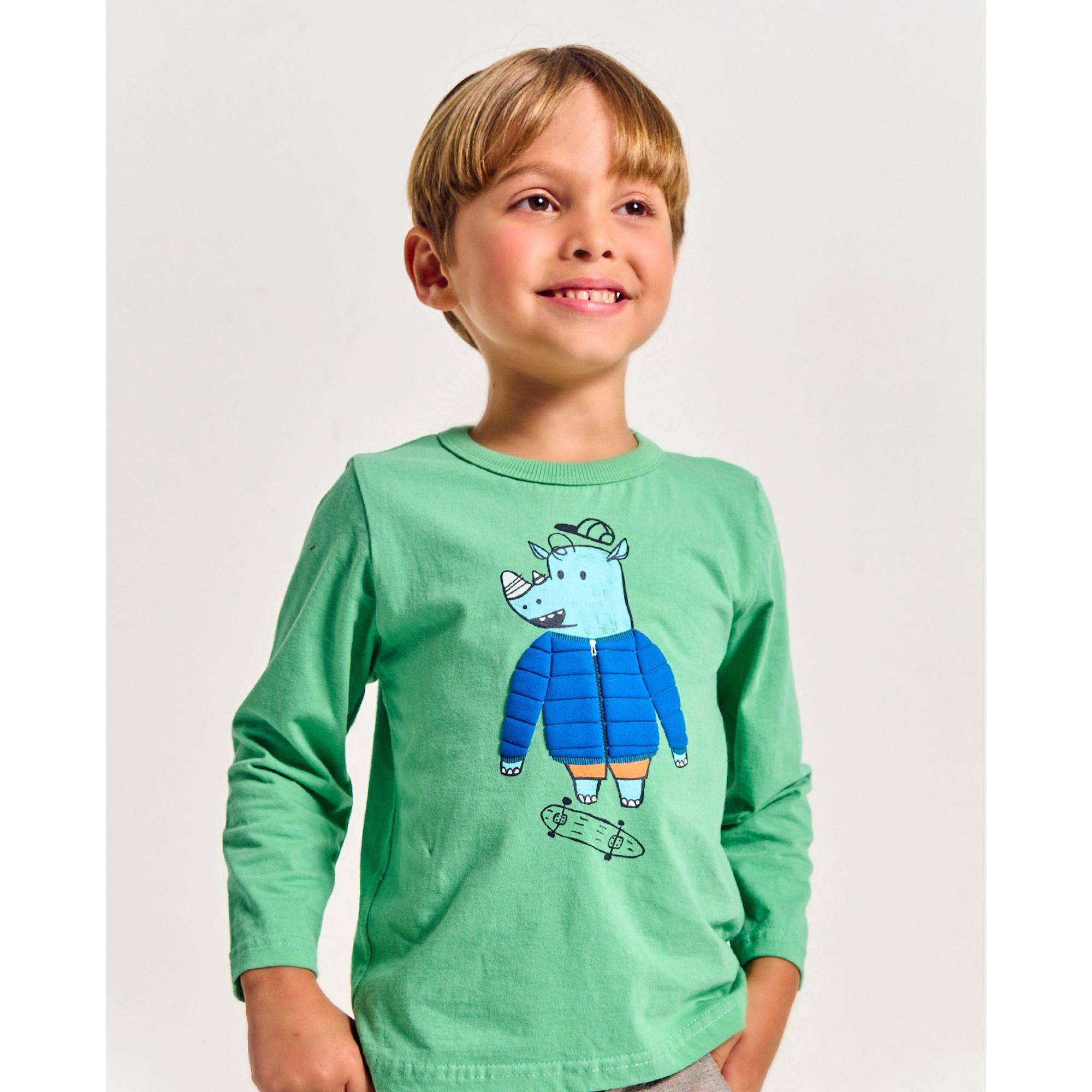 Camiseta-Infantil-Manga-Longa-Verde-Rinoceronte-de-Jaqueta-Alphabeto-1