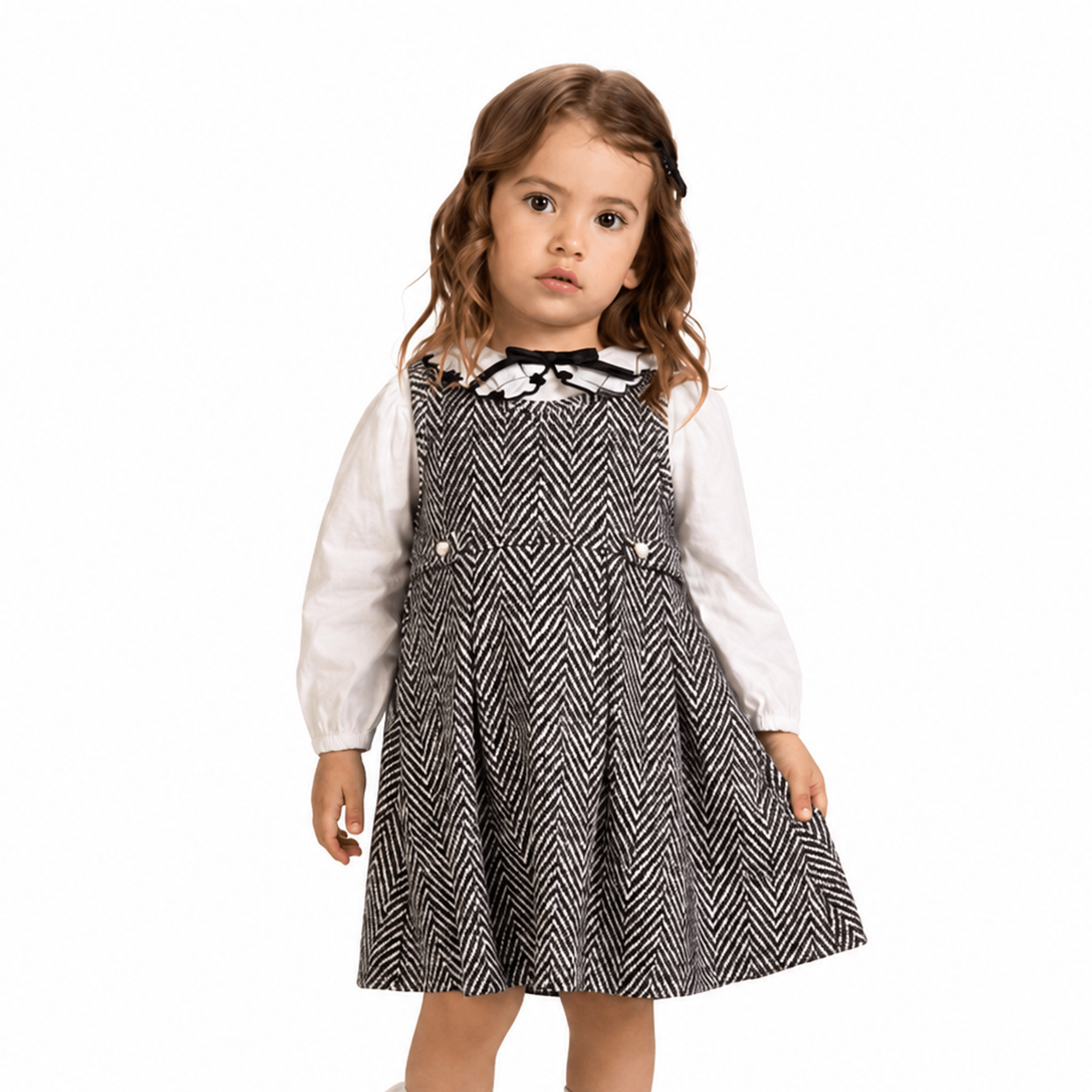 Conjunto-Meninas-Vestido-Jacquard-Xadrez-Preto-e-Blusa-Gola-Laco-1