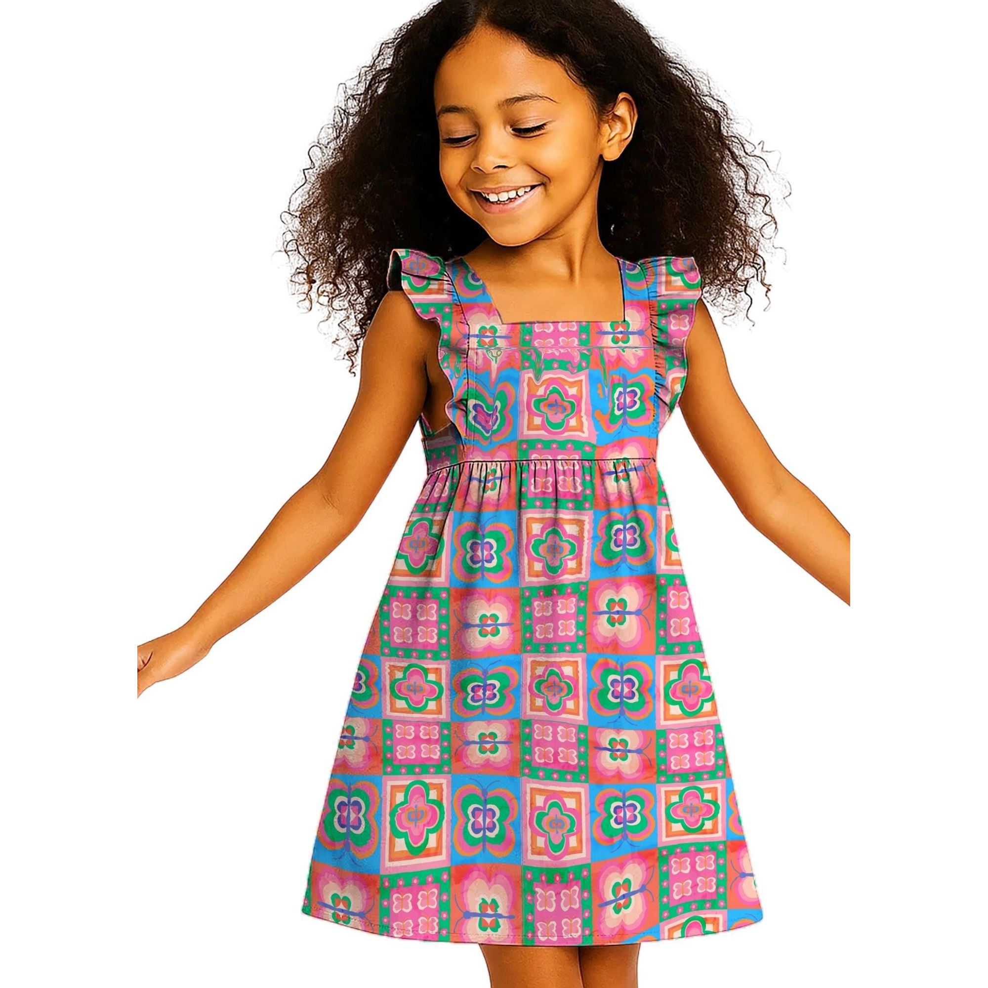 Vestido-Infantil-Azulejo-Borboletes-Laranja-Verde-e-Rosa-Alphabeto-