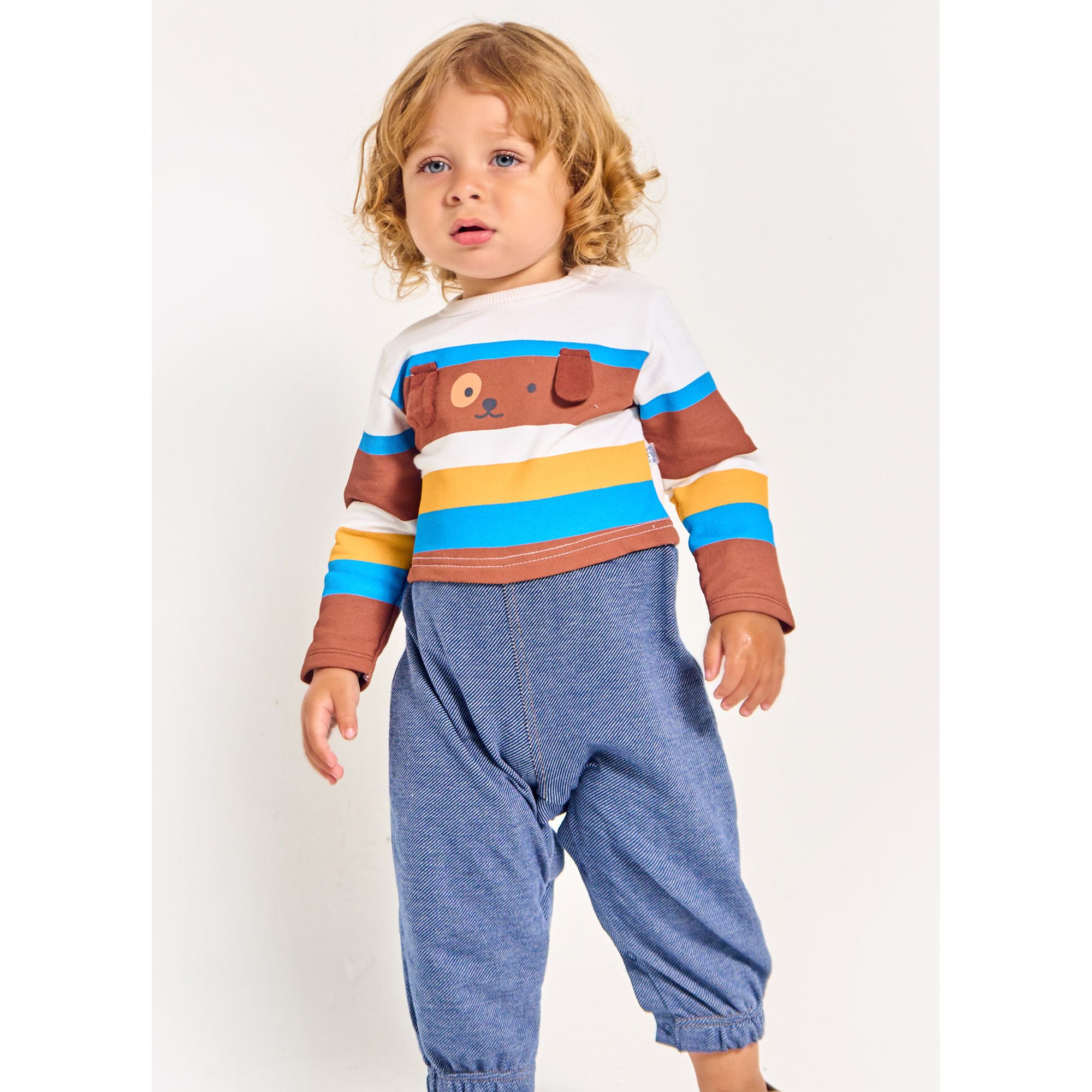 Macacao-Bebe-Longo-Doguinho-Moletom-Listras-e-Calca-Jeans-Alphabeto-