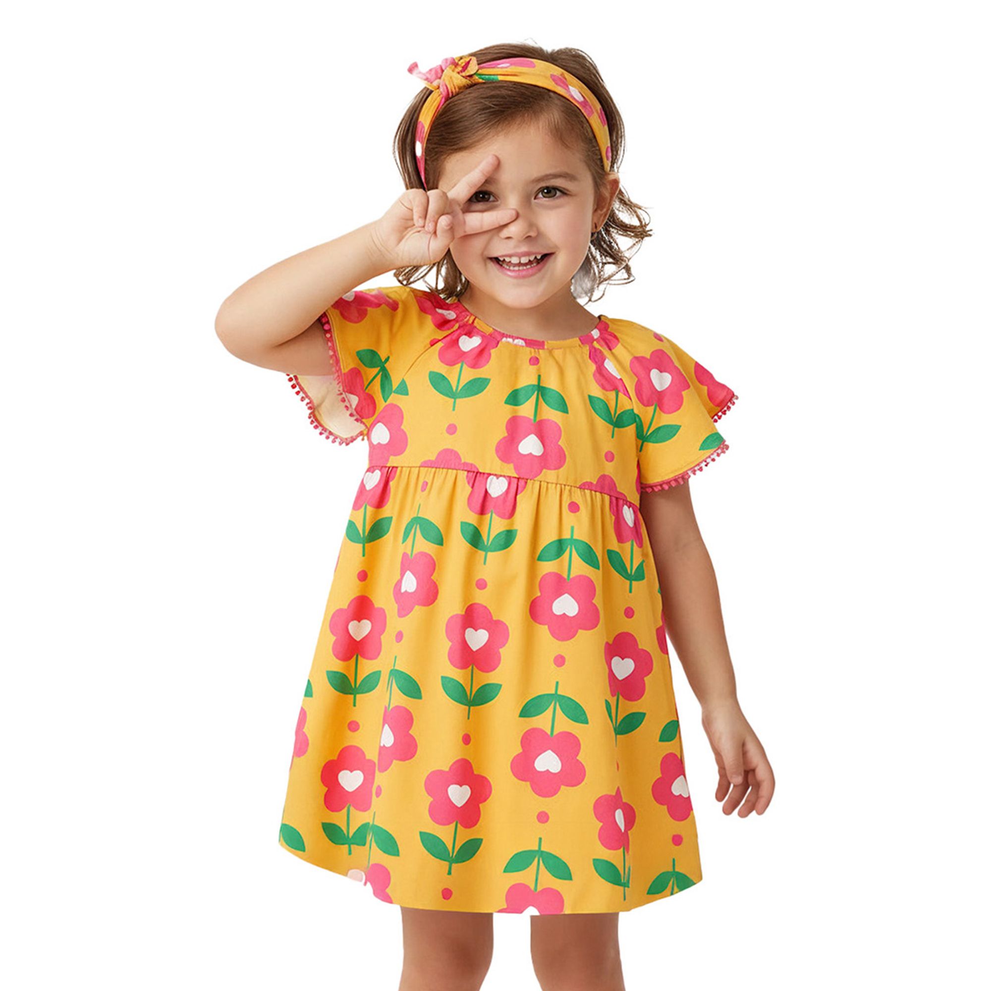 Vestido-Infantil-Malha-Amarelo-Flores-Pink-e-Fita-Pompom-Kyly-1