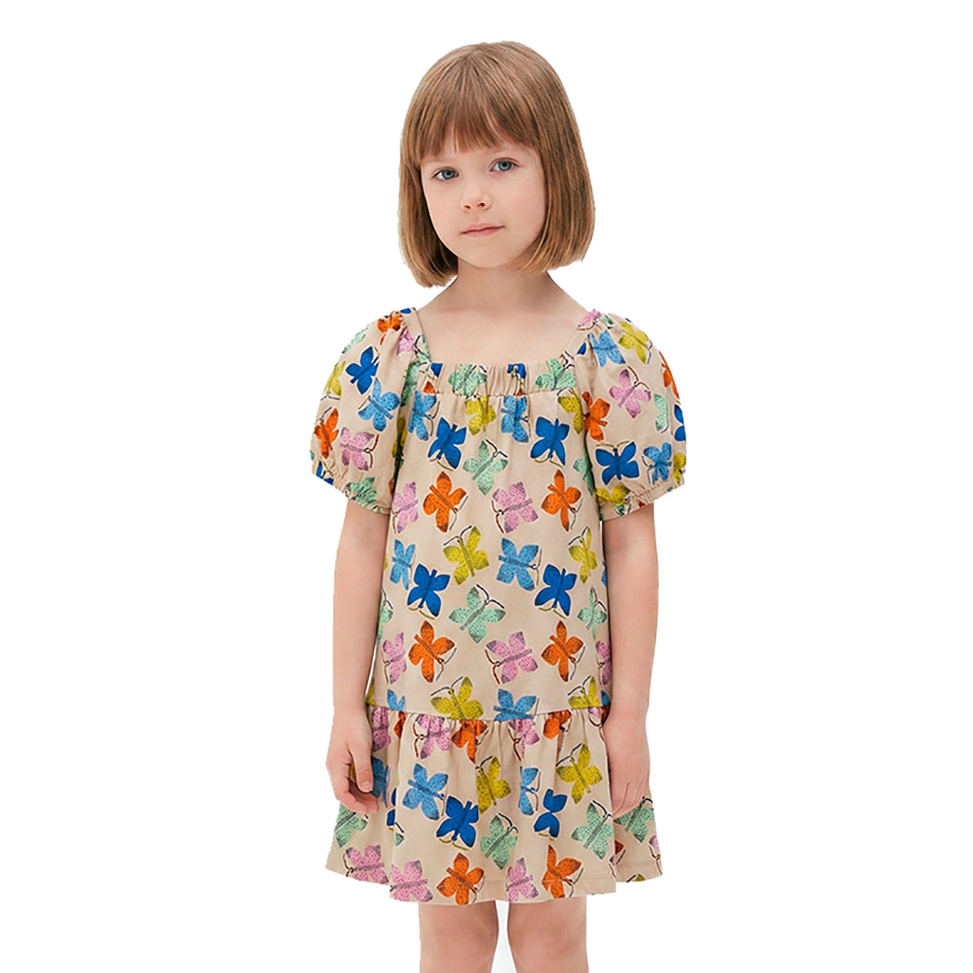 Vestido-Meninas-Fabula-Malha-Bege-Borboletas-Coloridas-Voadoras-1