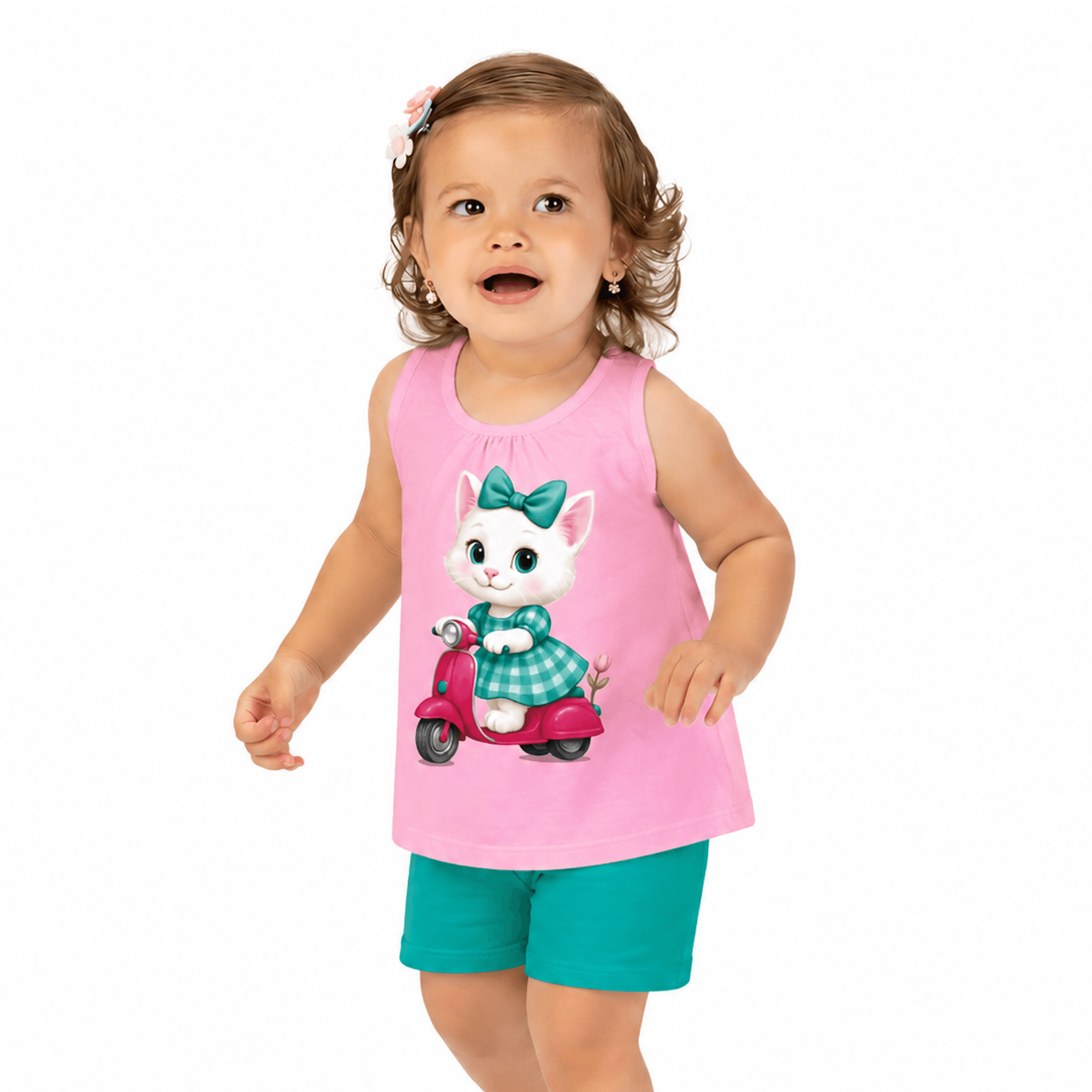 Conjunto-Meninas-Blusa-Rosa-Gata-de-Lambreta-e-Short-Turquesa-1