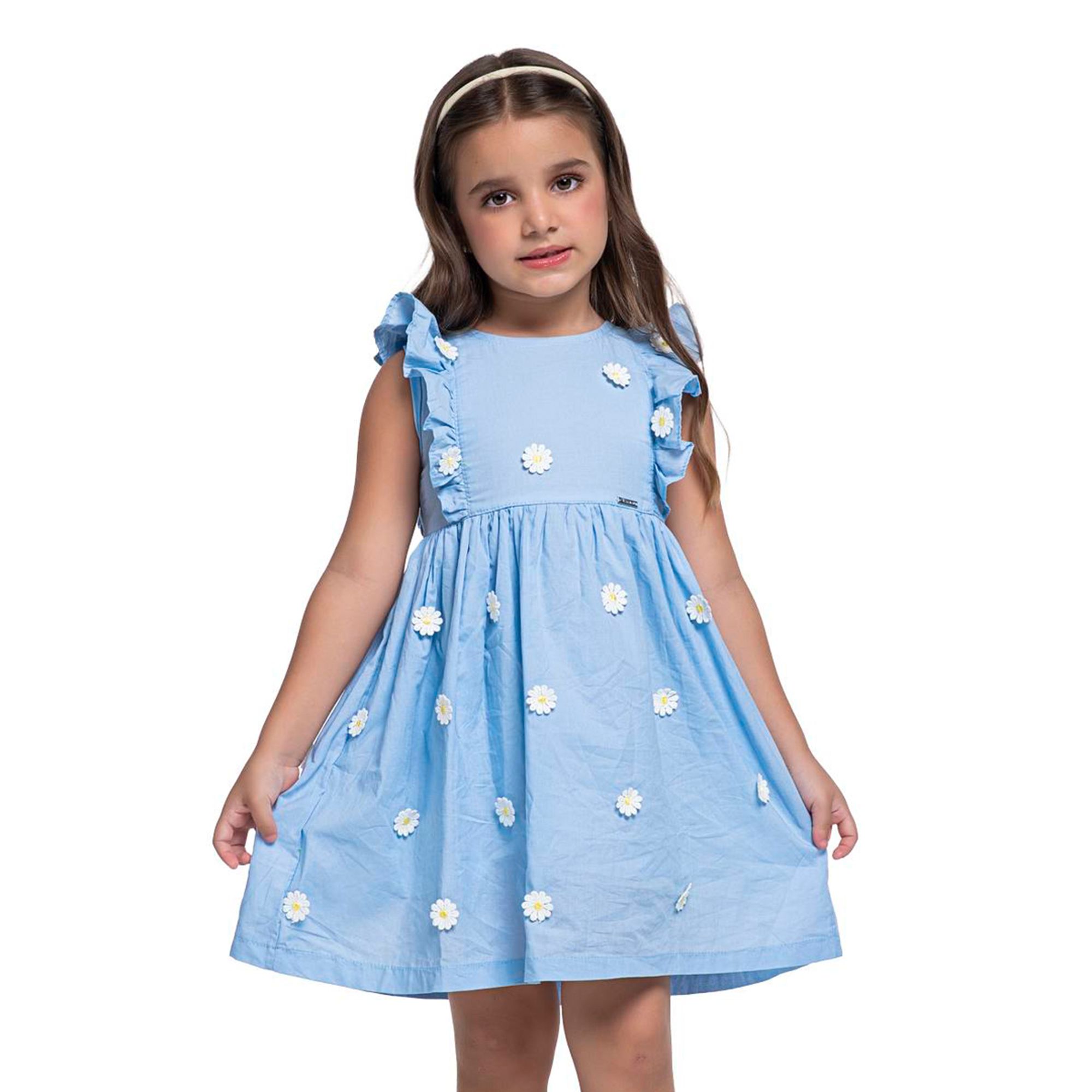 -	Vestido-Infantil-Manga-Babados-Azul-Claro-Margaridas-Bordadas-1
