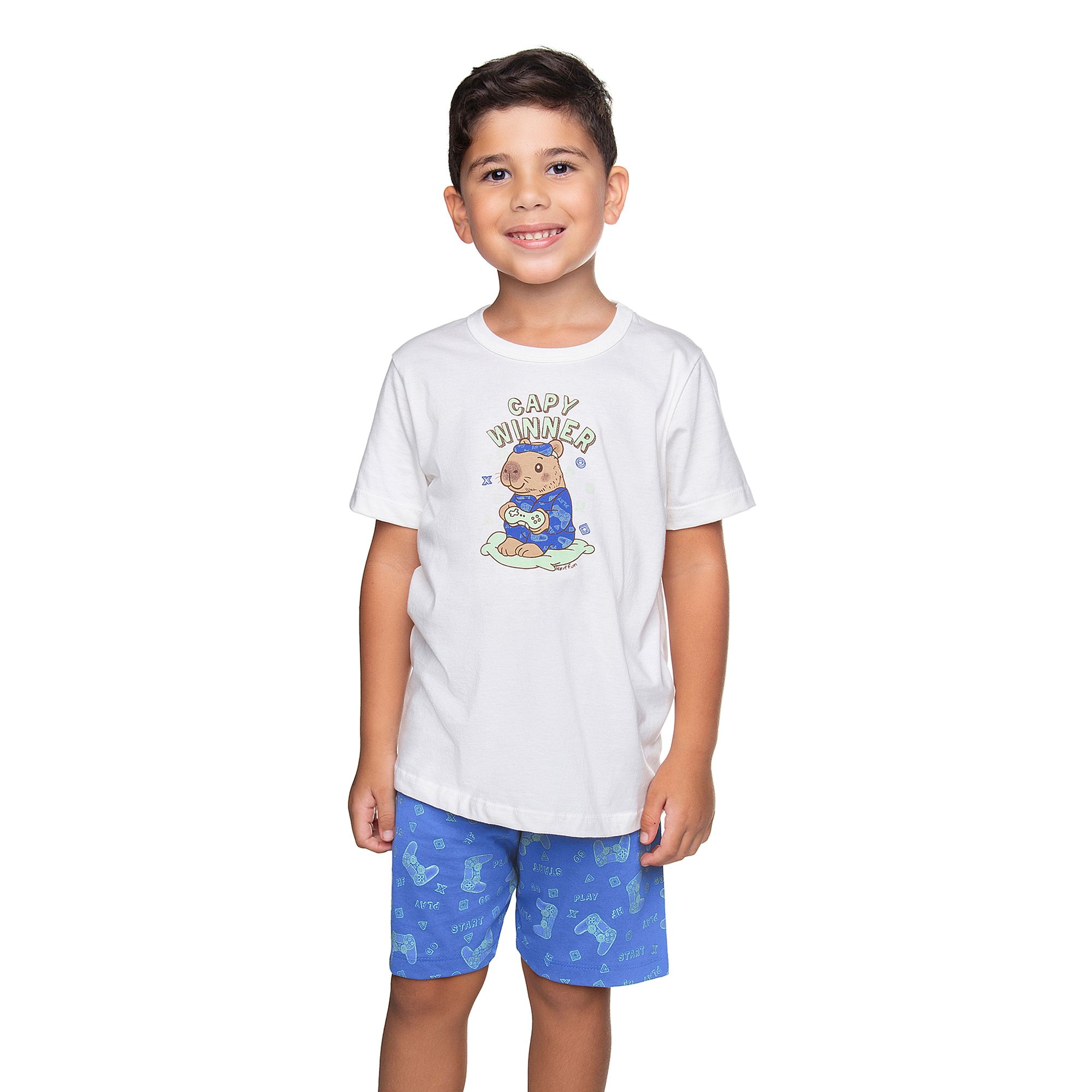 Pijama-Curto-Meninos-Camiseta-Off-White-Capivara-Gamer-e-Short-Azul-