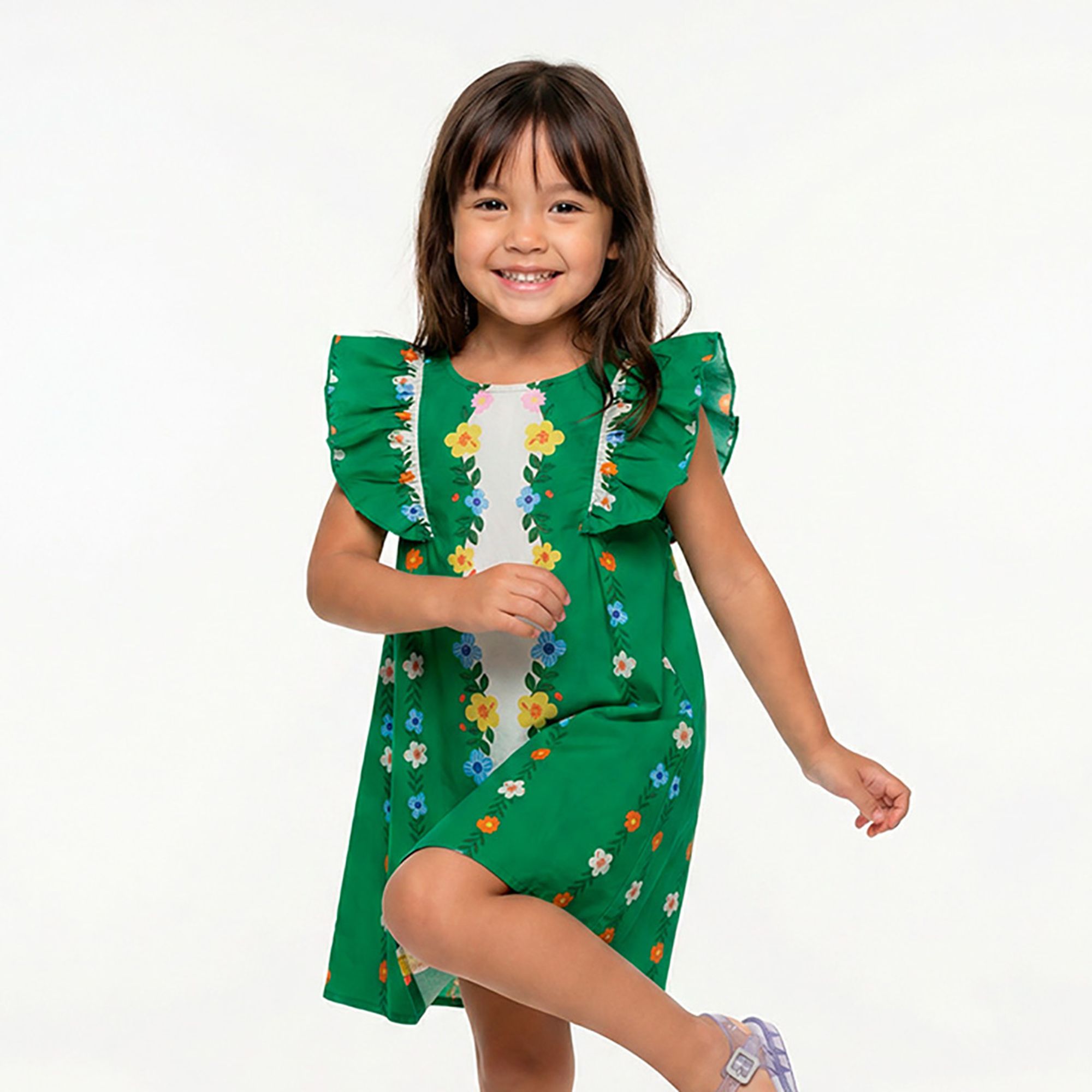 Vestido-Meninas-Fabula-Verde-Caminho-Florido-Manga-Babado-