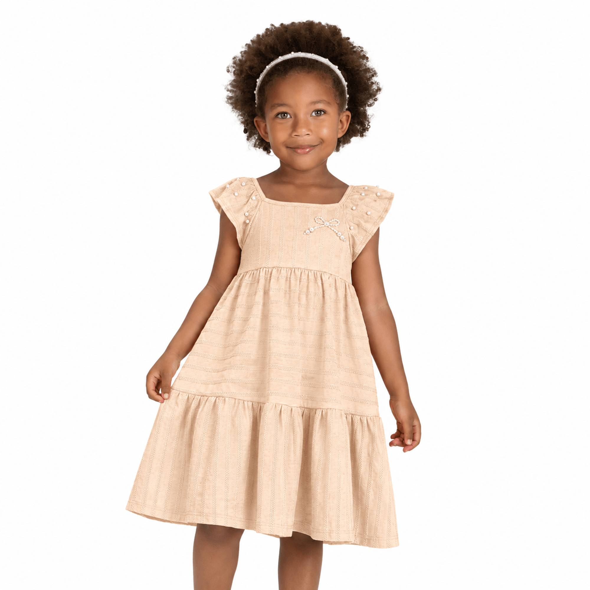 Vestido-Infantil-Malha-Trabalhada-Laranja-Nevoa-Aplique-Perolas-Milon-