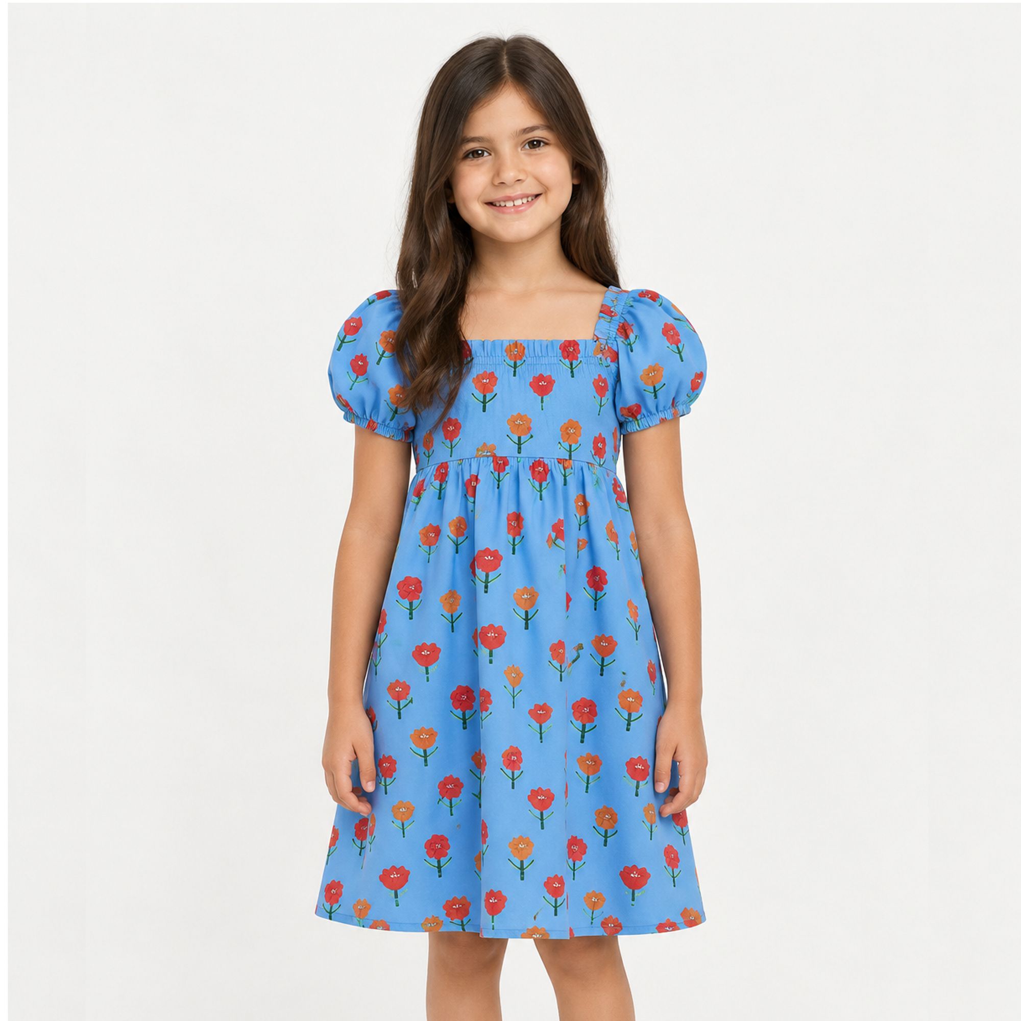 Vestido-Meninas-Azul-Mangas-Bufante-e-Laco-Costas-Rosinhas
