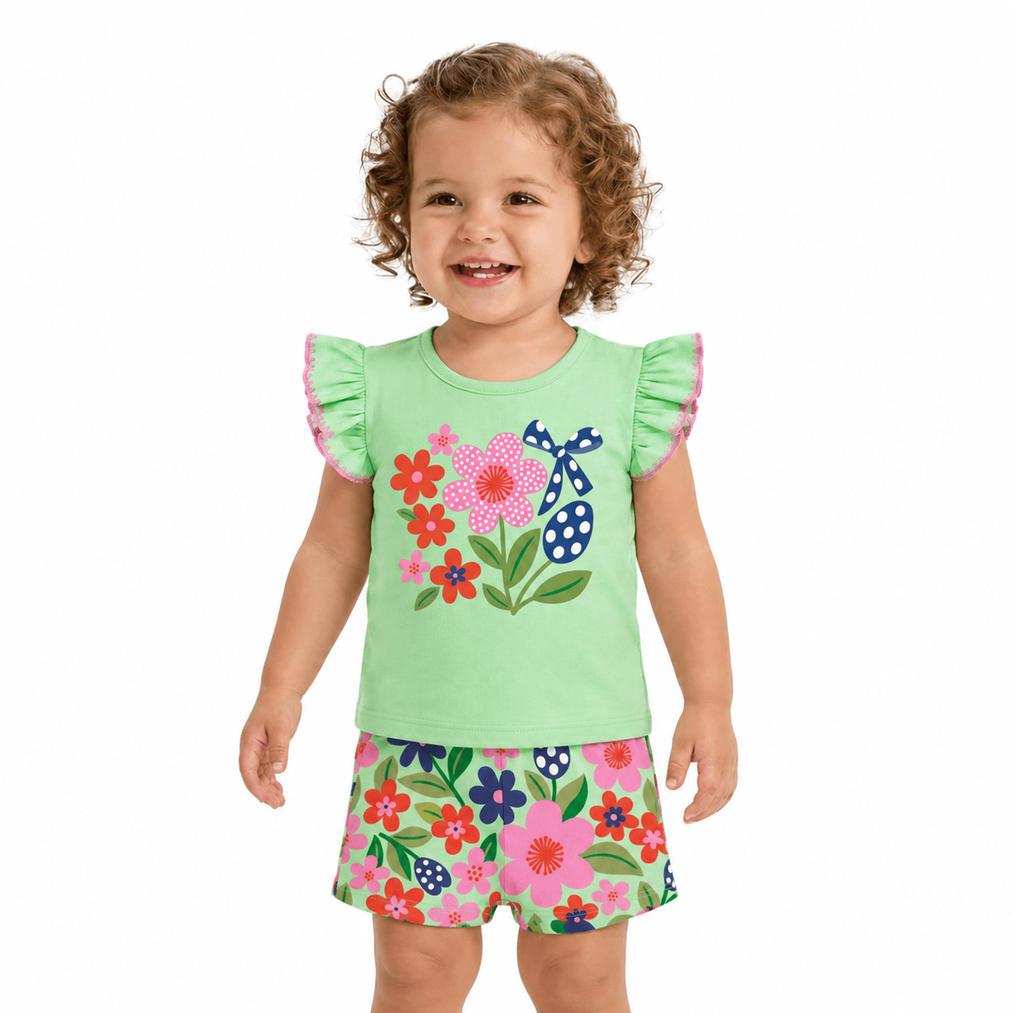 -Conjunto-Meninas-Blusa-Verde-Claro-Manga-Babadinho-Picueta-e-Short-Floral-